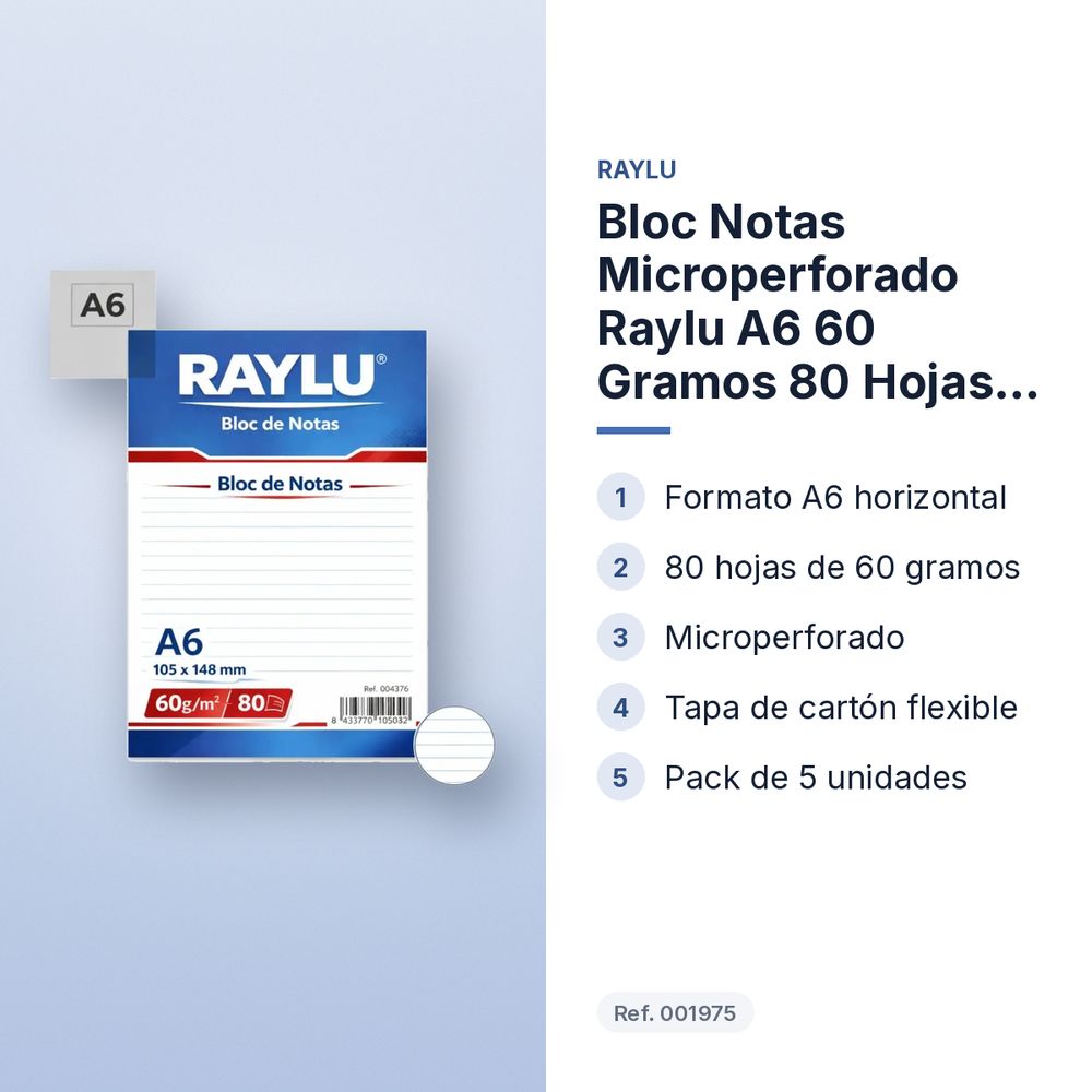 BLOC NOTAS MICROPERFORADO RAYLU A6 60 GRAMOS 80 HOJAS HORIZONTAL - características principales
