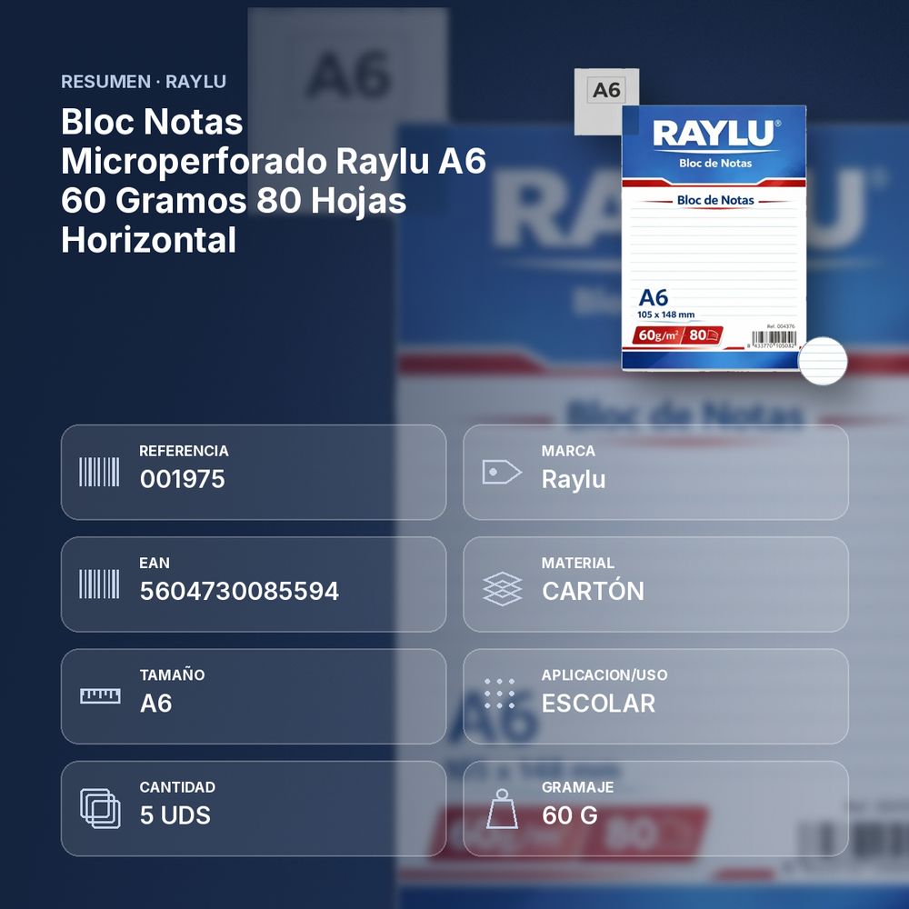 BLOC NOTAS MICROPERFORADO RAYLU A6 60 GRAMOS 80 HOJAS HORIZONTAL - resumen de atributos