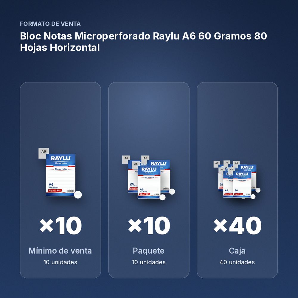 BLOC NOTAS MICROPERFORADO RAYLU A6 60 GRAMOS 80 HOJAS HORIZONTAL - formato de venta: paquete de 10, caja de 40
