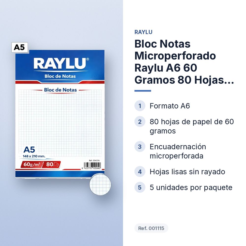 BLOC NOTAS MICROPERFORADO RAYLU A6 60 GRAMOS 80 HOJAS LISO - características principales