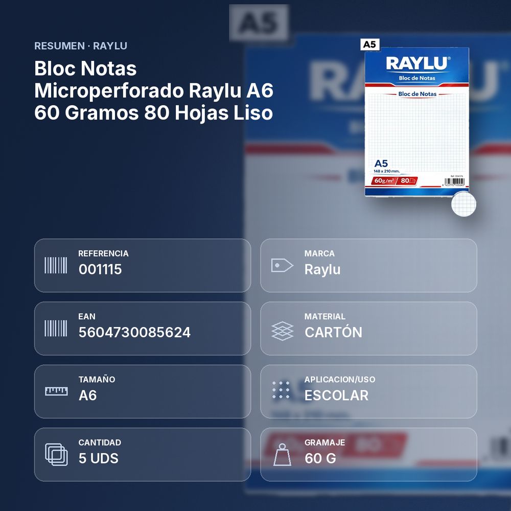 BLOC NOTAS MICROPERFORADO RAYLU A6 60 GRAMOS 80 HOJAS LISO - resumen de atributos