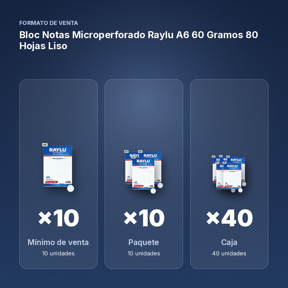 BLOC NOTAS MICROPERFORADO RAYLU A6 60 GRAMOS 80 HOJAS LISO - formato de venta: paquete de 10, caja de 40