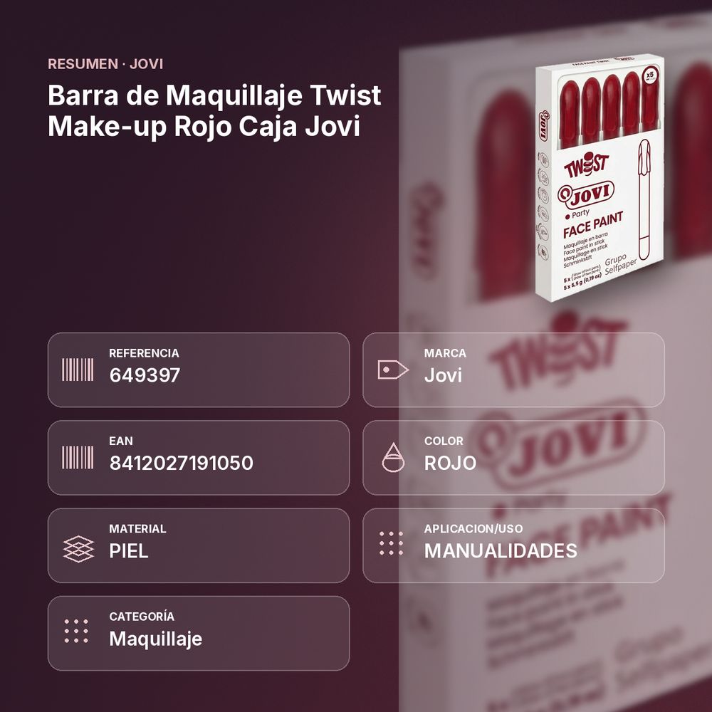 BARRA DE MAQUILLAJE TWIST MAKE-UP ROJO CAJA JOVI - resumen de atributos