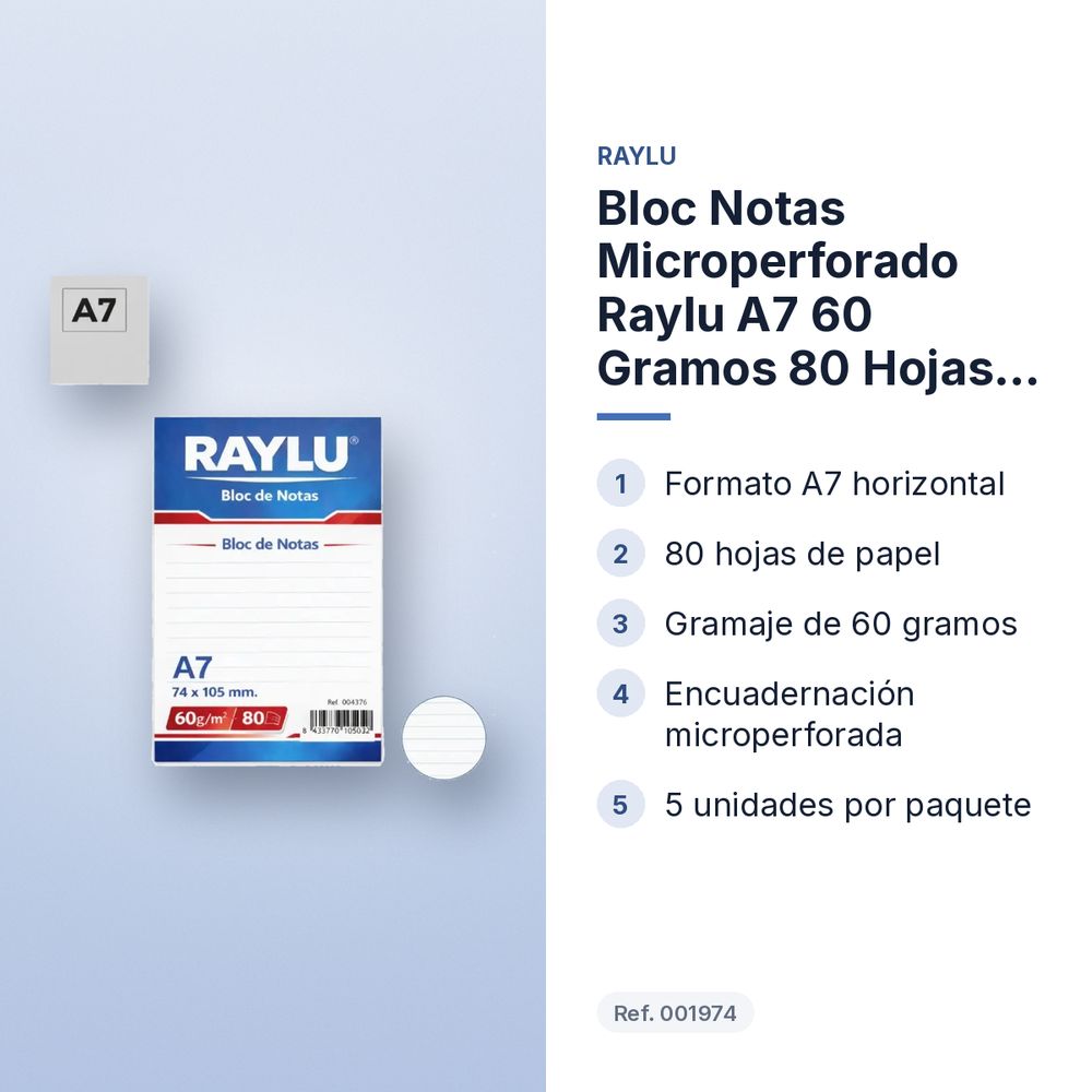 BLOC NOTAS MICROPERFORADO RAYLU A7 60 GRAMOS 80 HOJAS HORIZONTAL - características principales