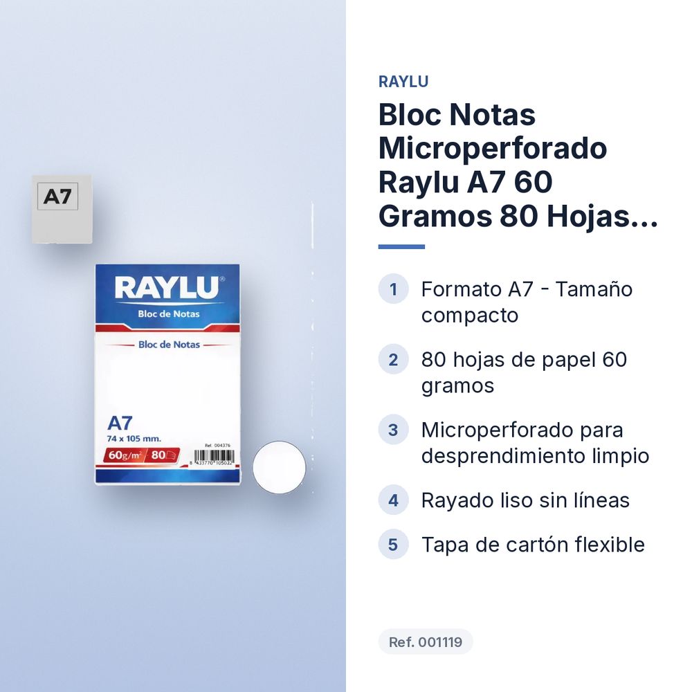 BLOC NOTAS MICROPERFORADO RAYLU A7 60 GRAMOS 80 HOJAS LISO - características principales