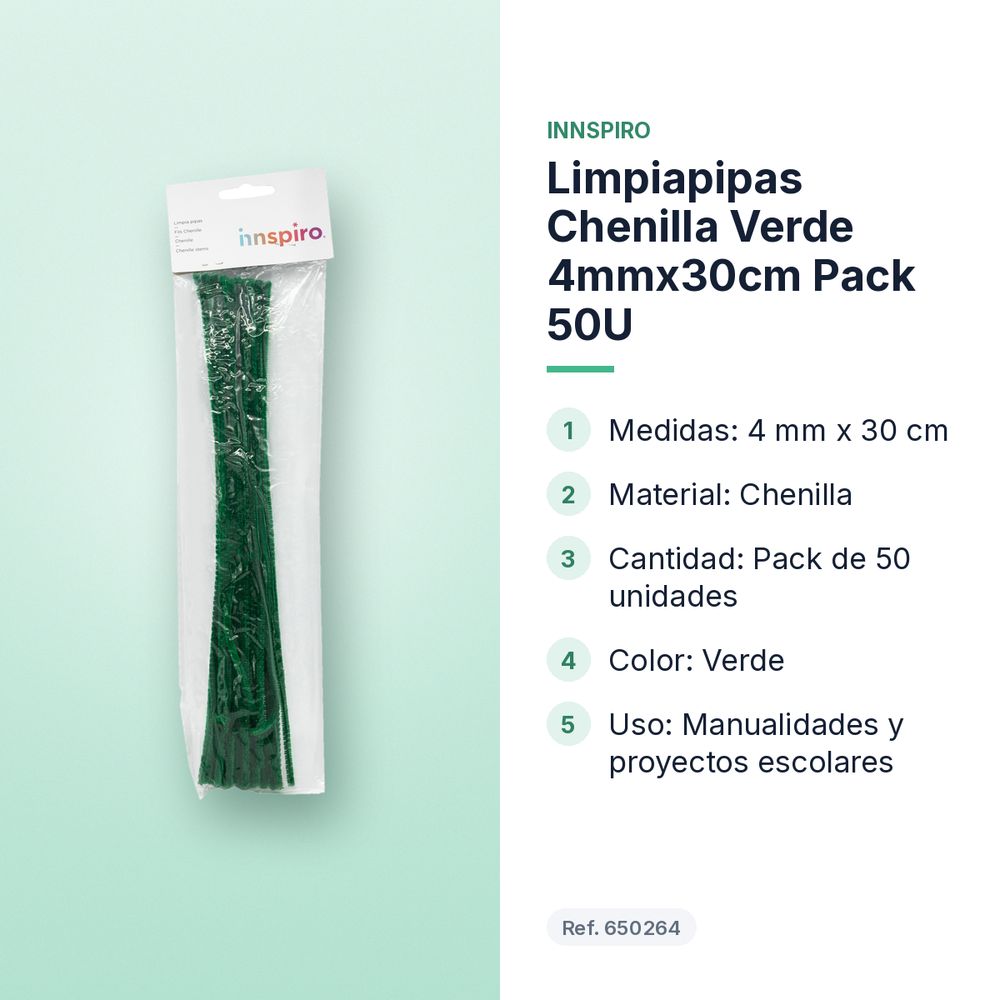 LIMPIAPIPAS CHENILLA VERDE 4MMX30CM PACK 50U - características principales