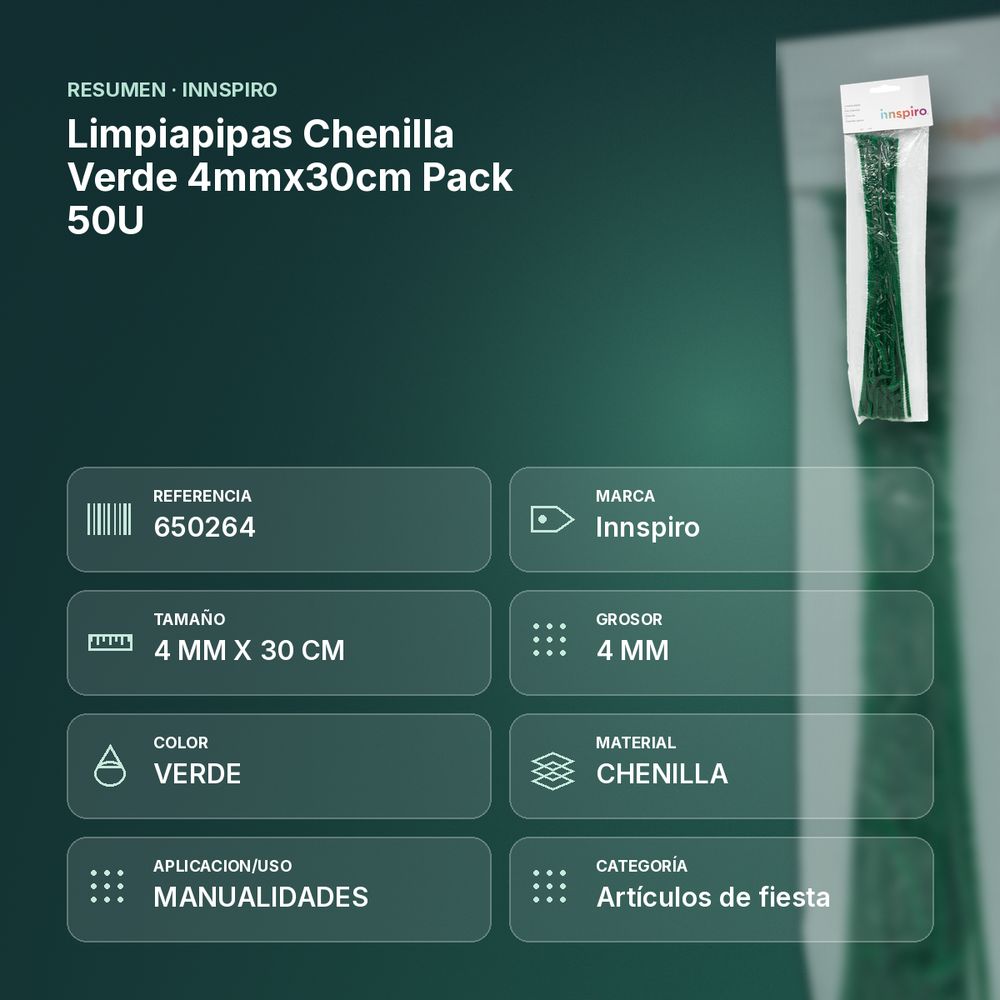 LIMPIAPIPAS CHENILLA VERDE 4MMX30CM PACK 50U - resumen de atributos