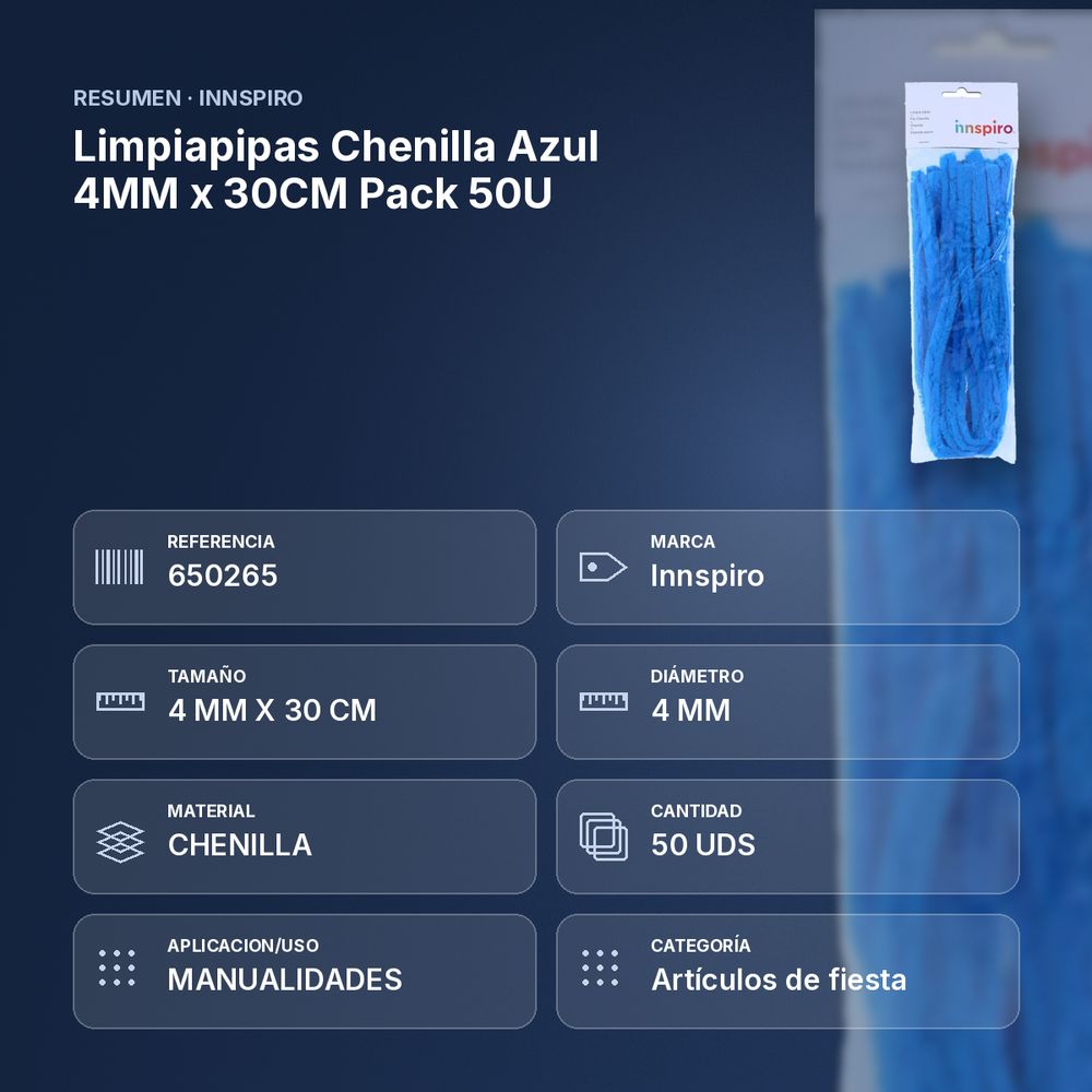 LIMPIAPIPAS CHENILLA AZUL 4MM X 30CM PACK 50U - resumen de atributos