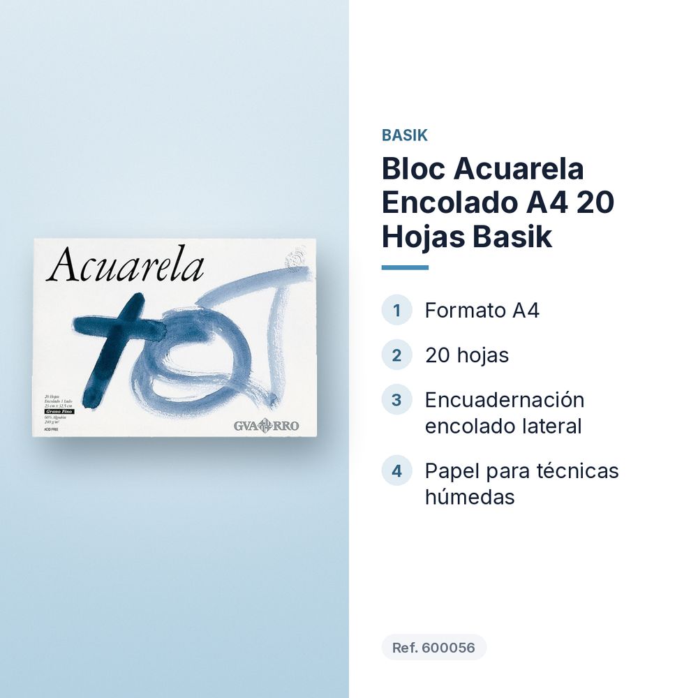 BLOC ACUARELA ENCOLADO A4 20 HOJAS BASIK - características principales