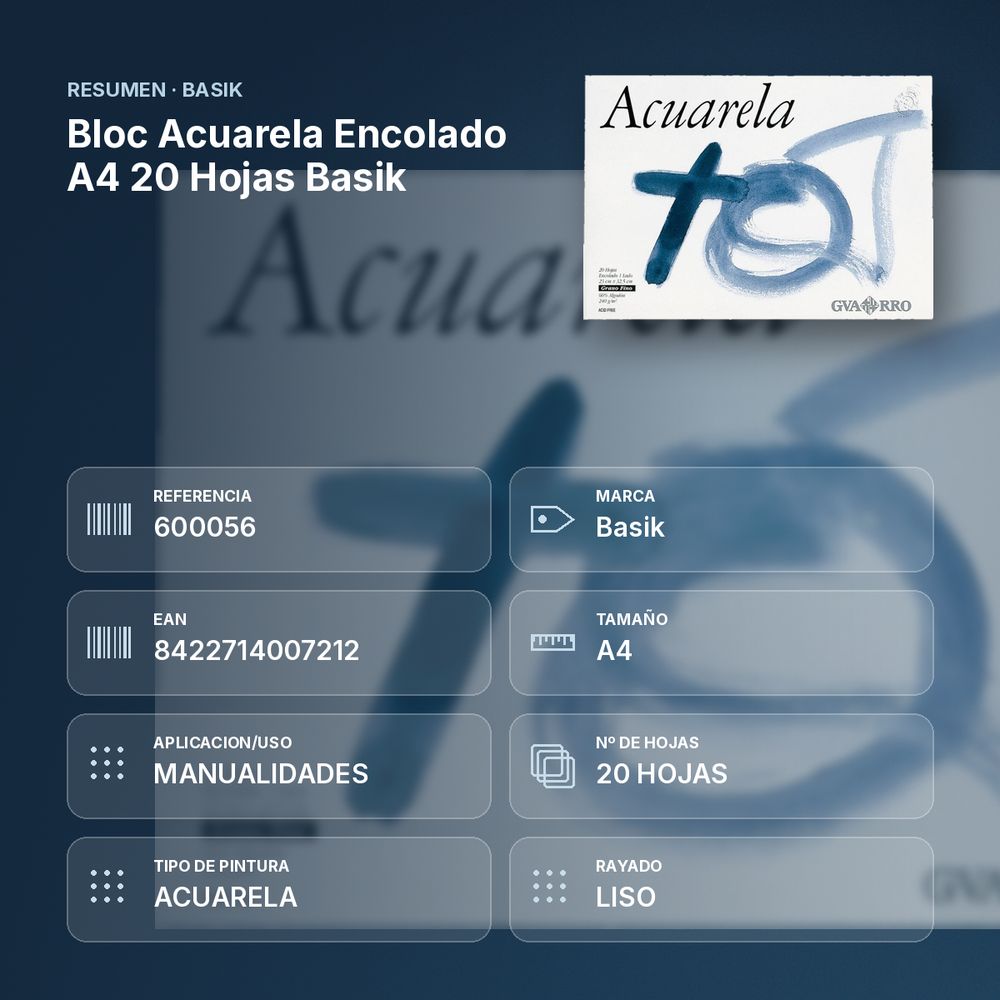 BLOC ACUARELA ENCOLADO A4 20 HOJAS BASIK - resumen de atributos