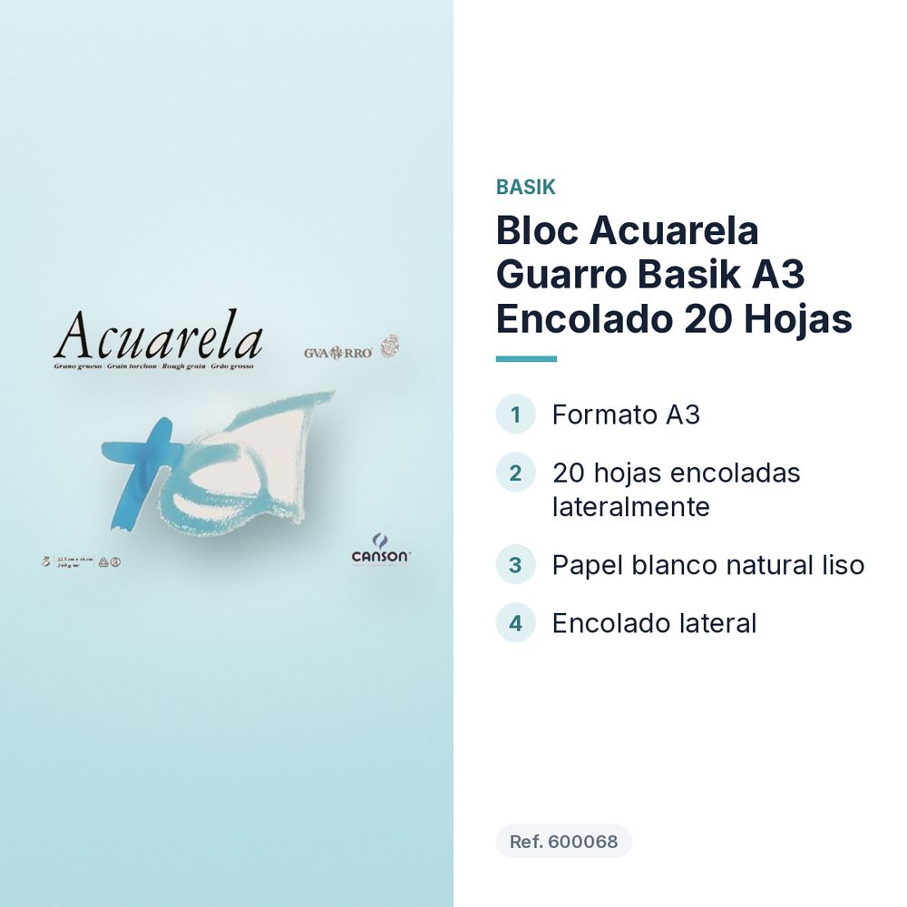 BLOC ACUARELA GUARRO BASIK A3 ENCOLADO 20 HOJAS - características principales