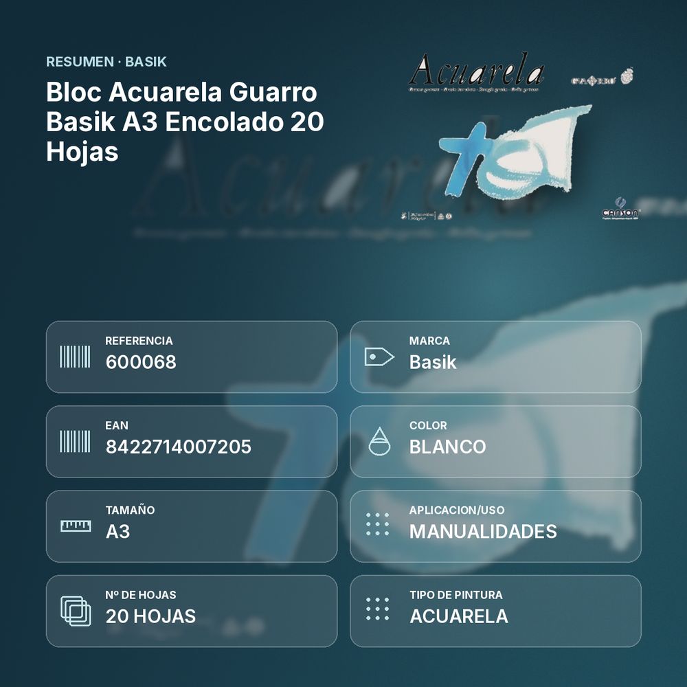 BLOC ACUARELA GUARRO BASIK A3 ENCOLADO 20 HOJAS - resumen de atributos
