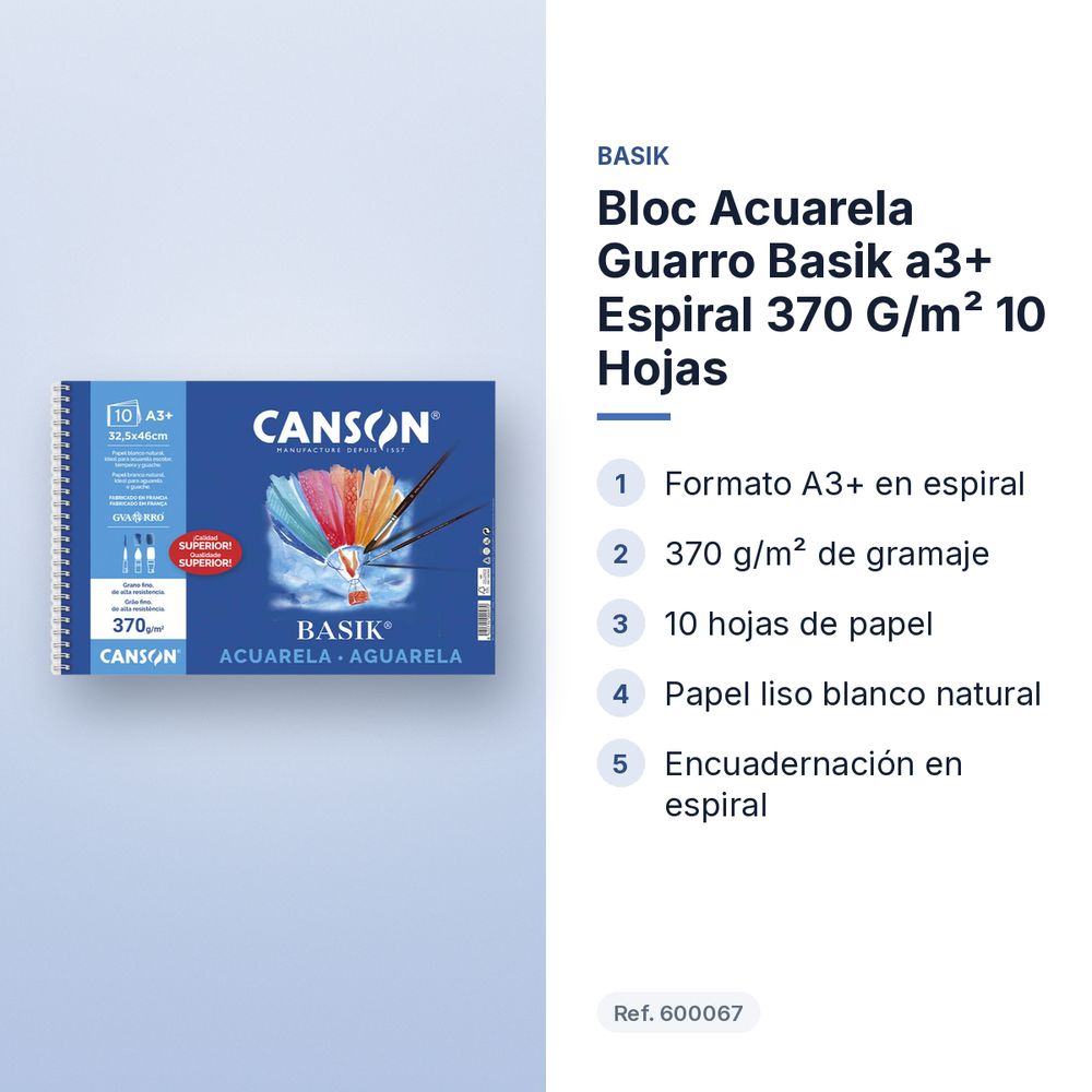 BLOC ACUARELA GUARRO BASIK A3+ ESPIRAL 370 G/M² 10 HOJAS - características principales