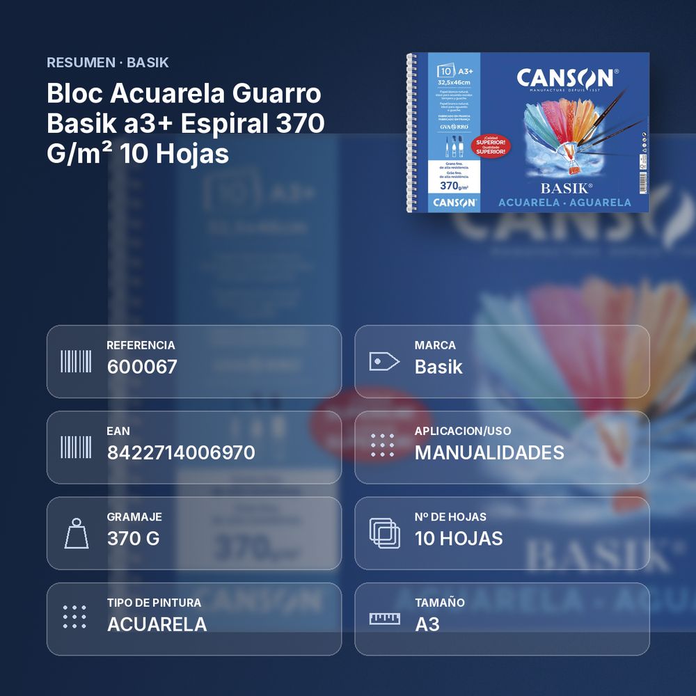 BLOC ACUARELA GUARRO BASIK A3+ ESPIRAL 370 G/M² 10 HOJAS - resumen de atributos