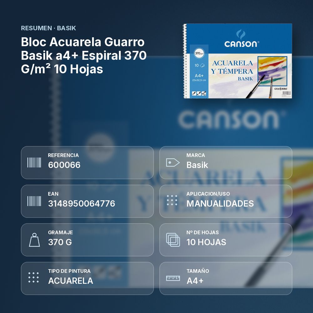 BLOC ACUARELA GUARRO BASIK A4+ ESPIRAL 370 G/M² 10 HOJAS - resumen de atributos