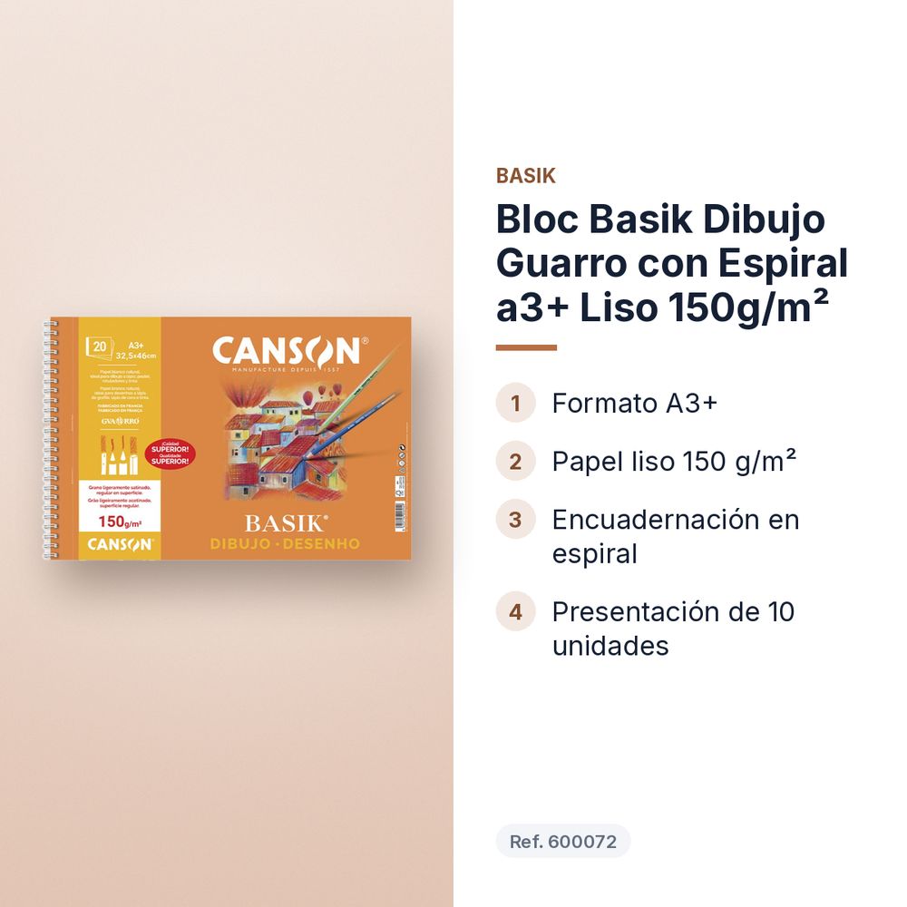 BLOC BASIK DIBUJO GUARRO CON ESPIRAL A3+ LISO 150G/M²  - características principales