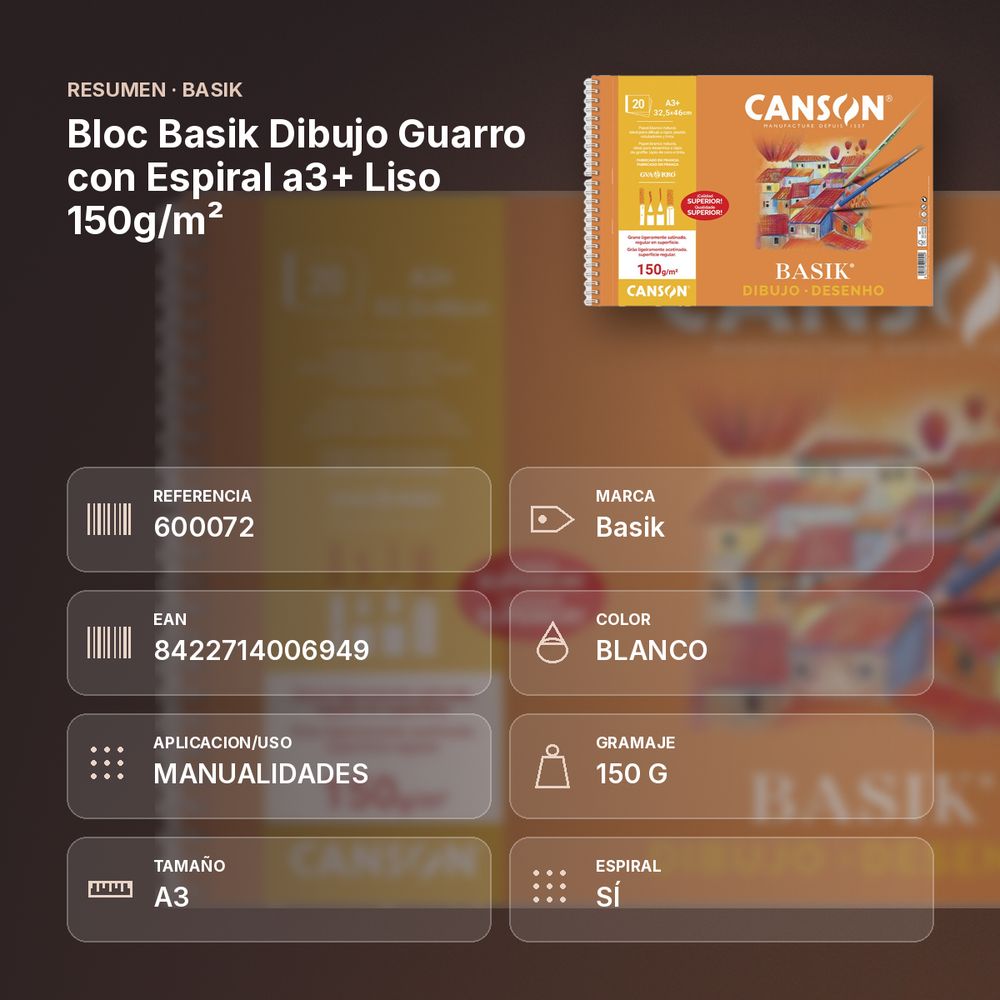 BLOC BASIK DIBUJO GUARRO CON ESPIRAL A3+ LISO 150G/M²  - resumen de atributos