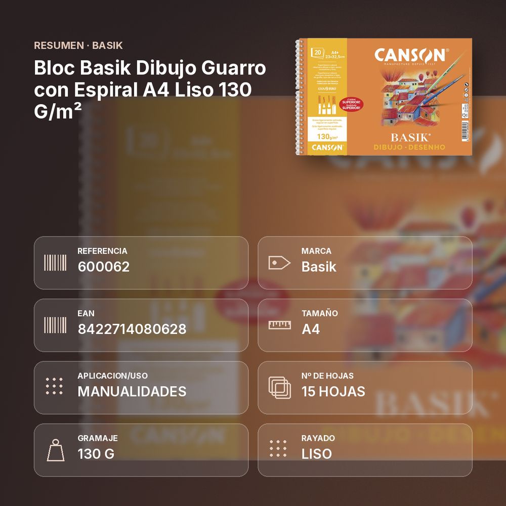 BLOC BASIK DIBUJO GUARRO CON ESPIRAL A4 LISO 130 G/M² - resumen de atributos