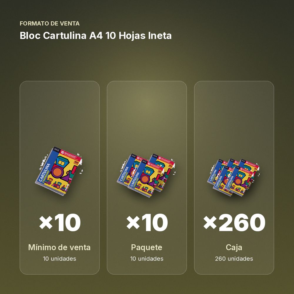 BLOC CARTULINA A4 10 HOJAS INETA - formato de venta: paquete de 10, caja de 260
