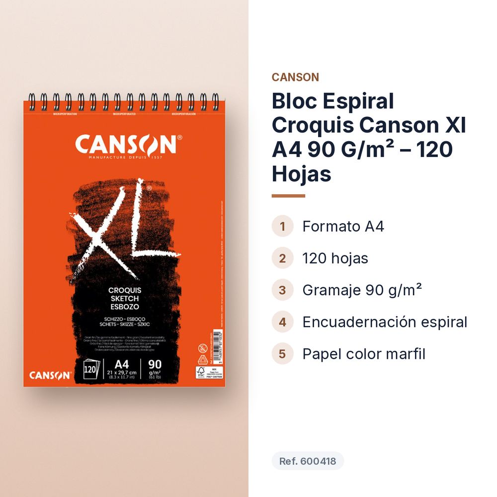 BLOC ESPIRAL CROQUIS CANSON XL A4 90 G/M² – 120 HOJAS - características principales