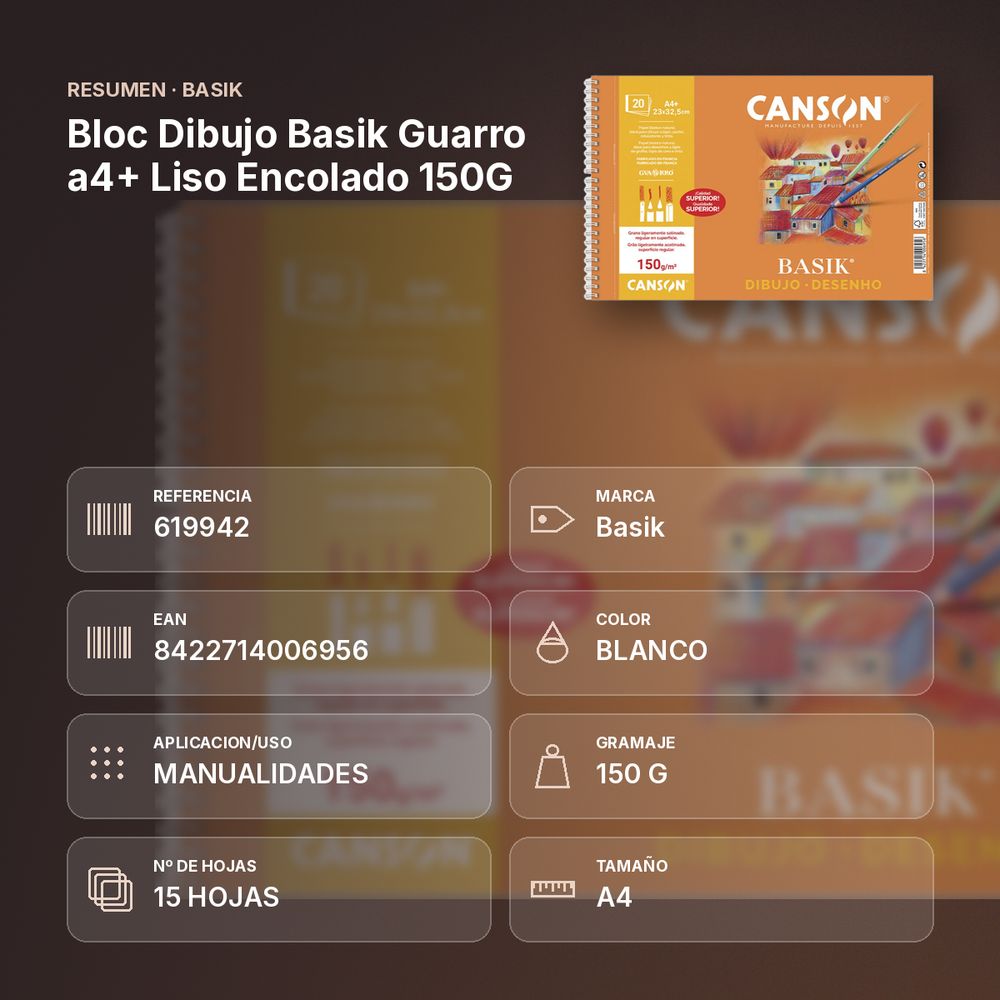 BLOC DIBUJO  BASIK GUARRO A4+ LISO ENCOLADO 150G - resumen de atributos