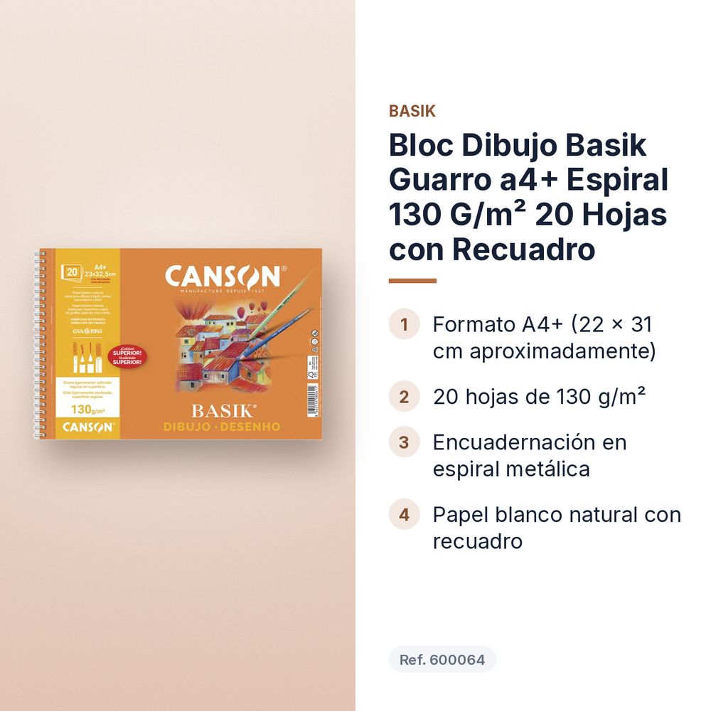 BLOC DIBUJO BASIK GUARRO A4+ ESPIRAL 130 G/M² 20 HOJAS CON RECUADRO - características principales