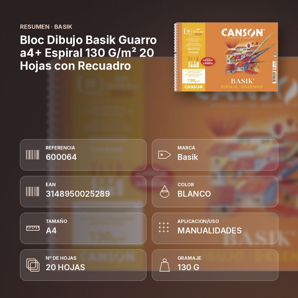 BLOC DIBUJO BASIK GUARRO A4+ ESPIRAL 130 G/M² 20 HOJAS CON RECUADRO - resumen de atributos
