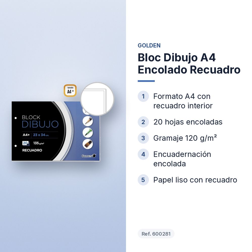 BLOC DIBUJO A4 ENCOLADO RECUADRO - características principales