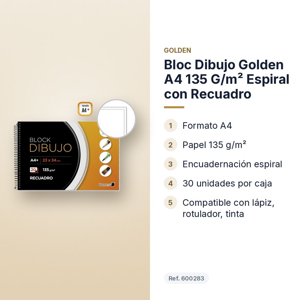 BLOC DIBUJO GOLDEN A4 135 G/M² ESPIRAL CON RECUADRO - características principales