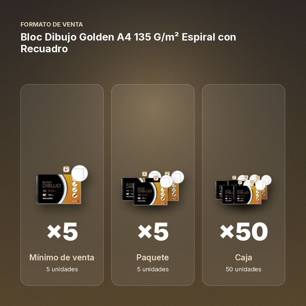 BLOC DIBUJO GOLDEN A4 135 G/M² ESPIRAL CON RECUADRO - formato de venta: paquete de 5, caja de 50