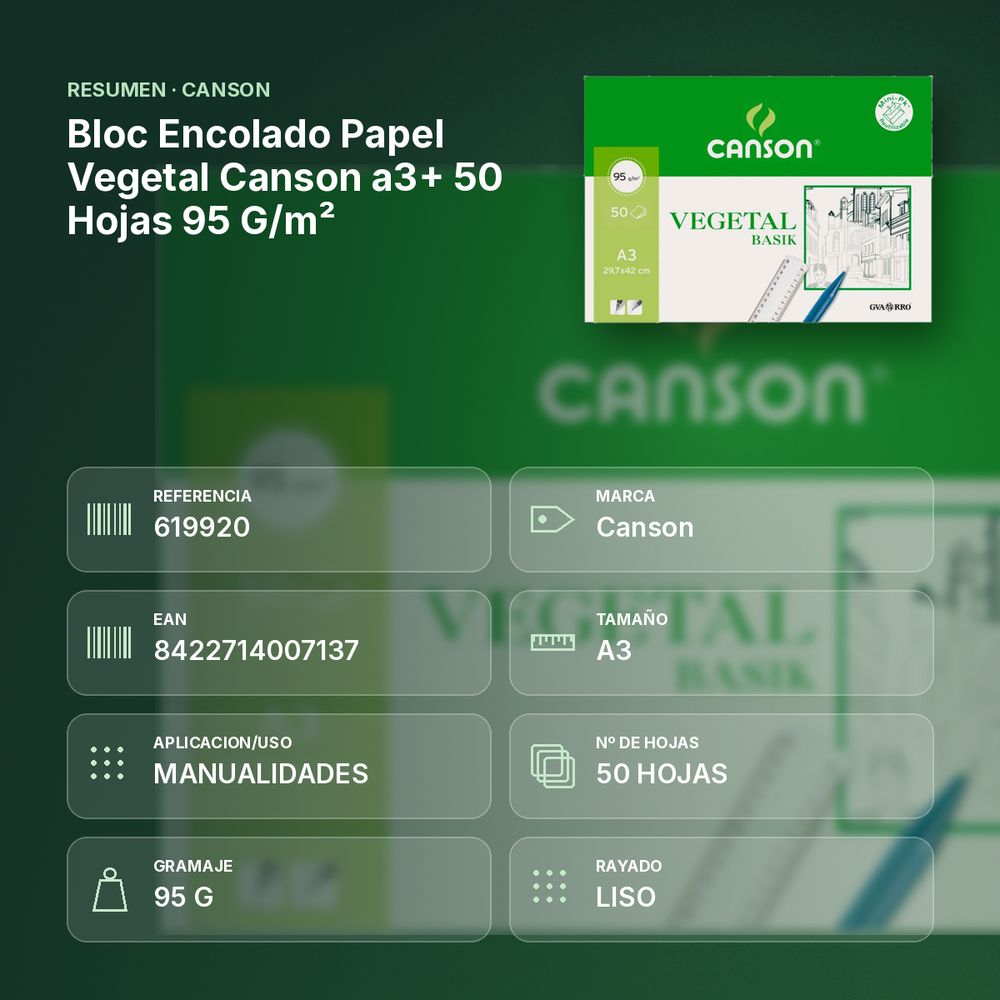 BLOC ENCOLADO PAPEL VEGETAL CANSON A3+ 50 HOJAS 95 G/M² - resumen de atributos