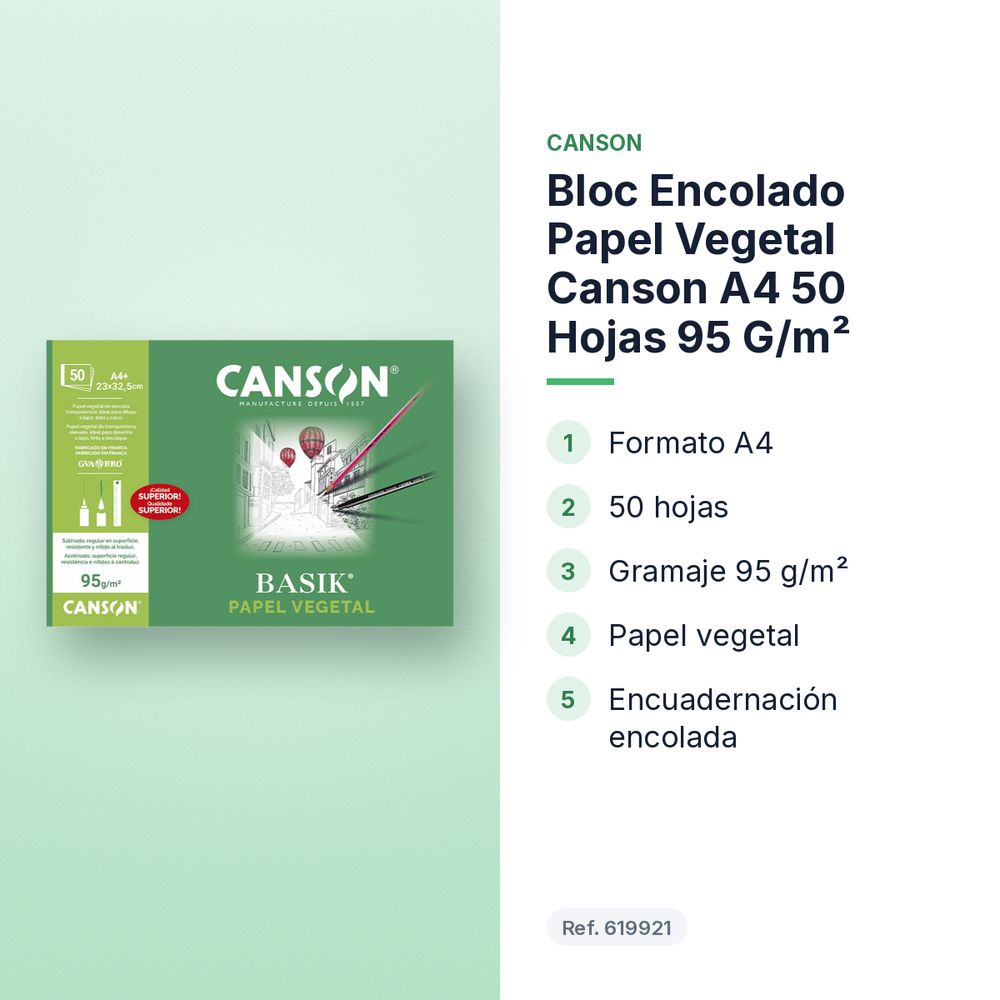 BLOC ENCOLADO PAPEL VEGETAL CANSON A4 50 HOJAS 95 G/M² - características principales