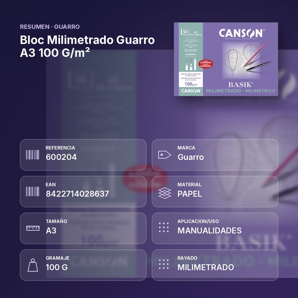 BLOC MILIMETRADO GUARRO A3 100 G/M² - resumen de atributos