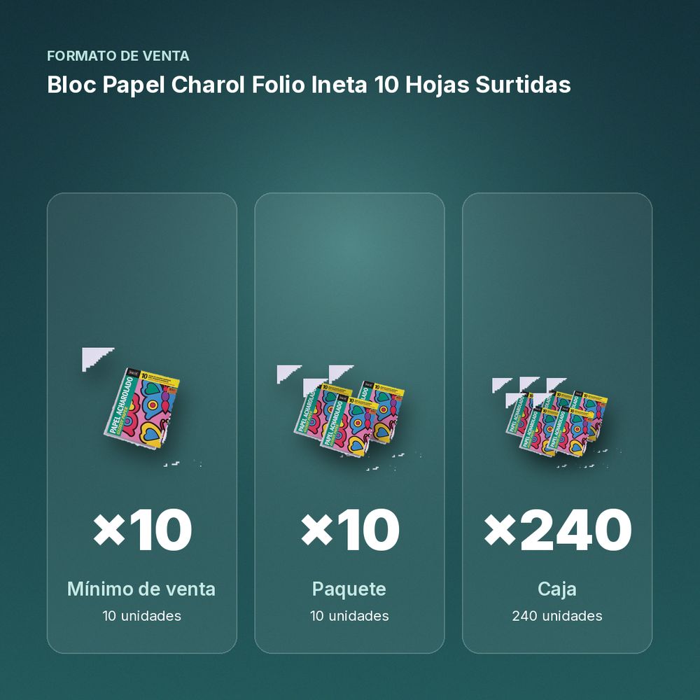 BLOC PAPEL CHAROL FOLIO INETA 10 HOJAS SURTIDAS - formato de venta: paquete de 10, caja de 240