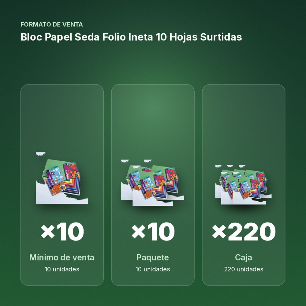 BLOC PAPEL SEDA FOLIO INETA 10 HOJAS SURTIDAS - formato de venta: paquete de 10, caja de 220