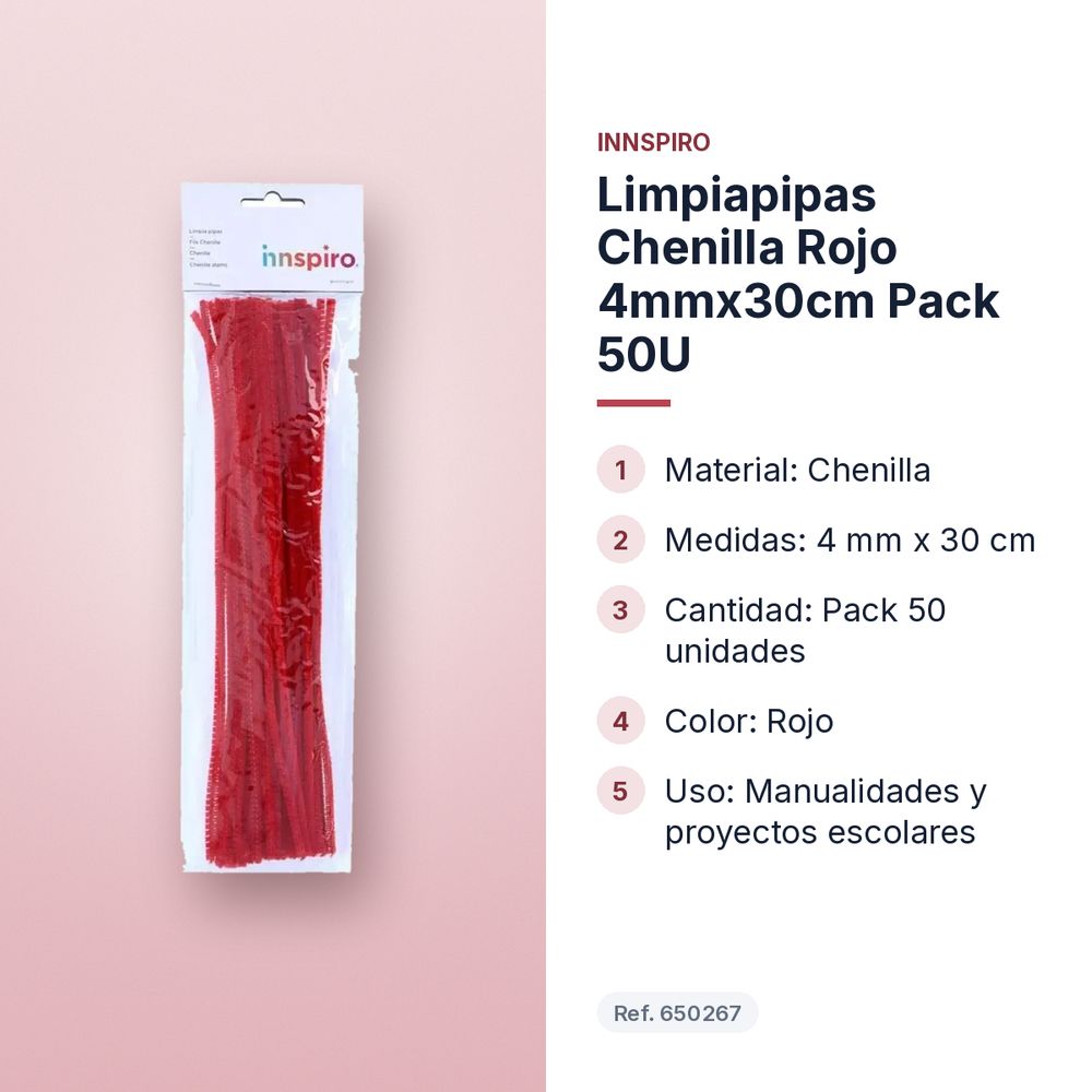LIMPIAPIPAS CHENILLA ROJO 4MMX30CM PACK 50U - características principales