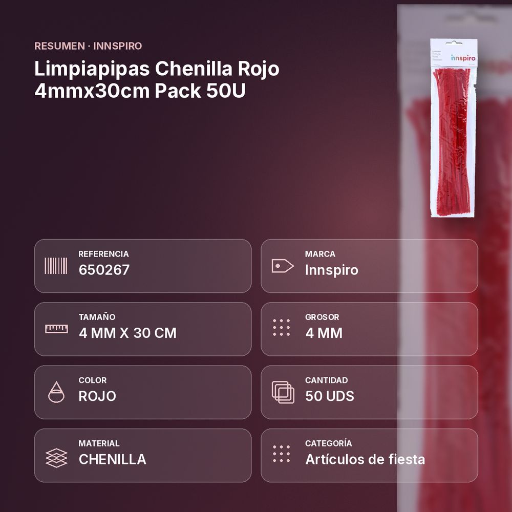 LIMPIAPIPAS CHENILLA ROJO 4MMX30CM PACK 50U - resumen de atributos