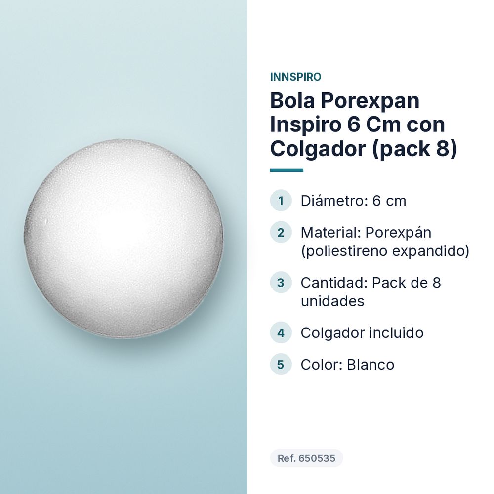 BOLA POREXPAN INSPIRO 6 CM CON COLGADOR (PACK 8) - características principales