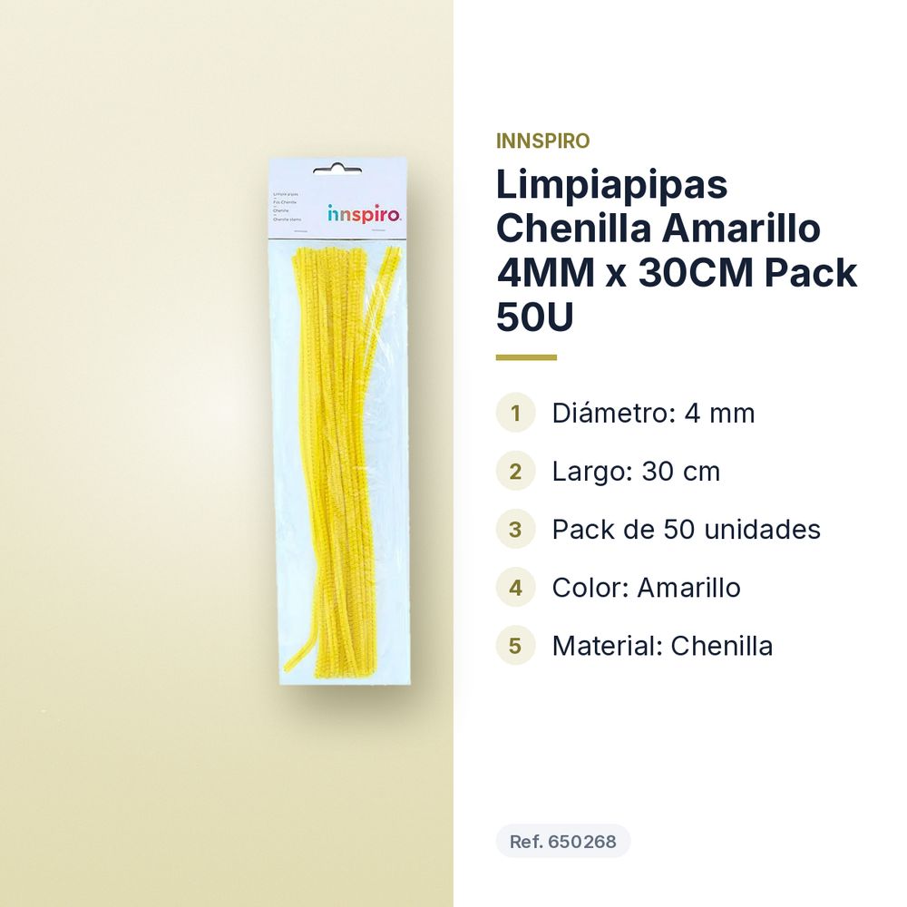 LIMPIAPIPAS CHENILLA AMARILLO 4MM X 30CM PACK 50U - características principales