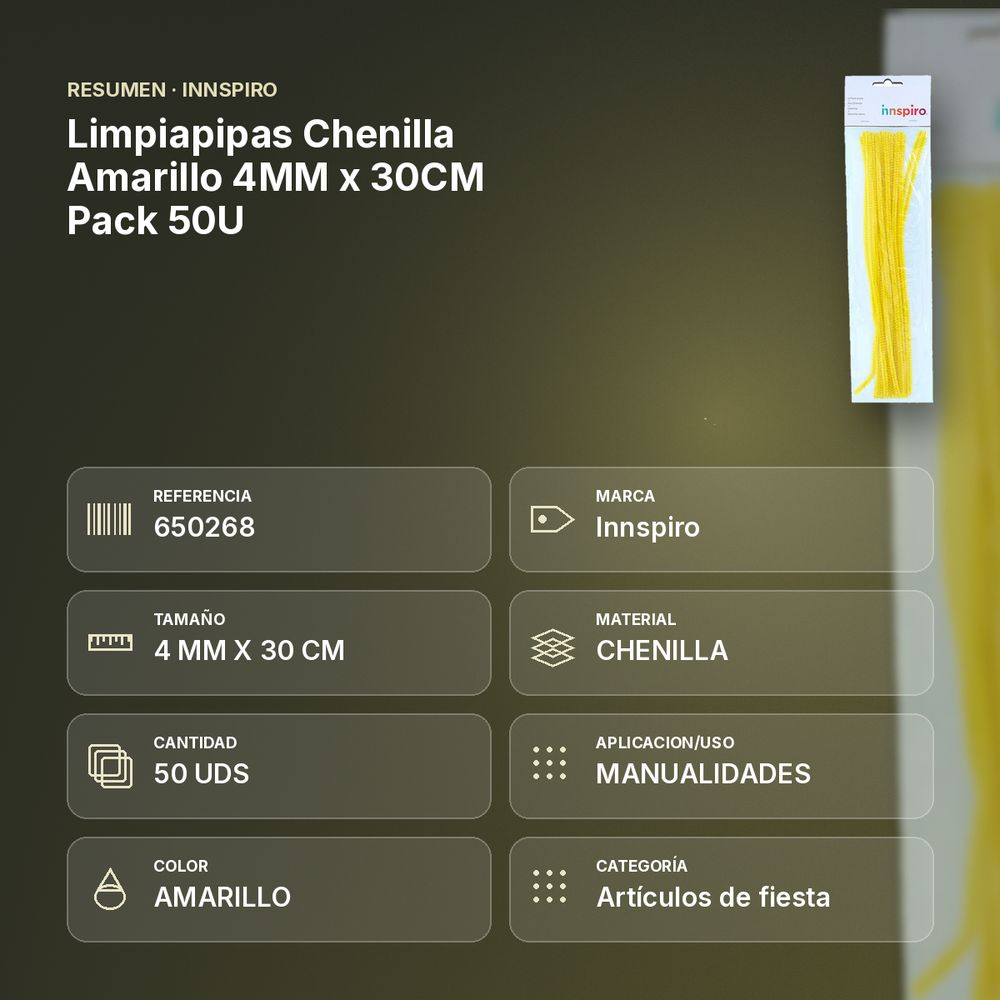 LIMPIAPIPAS CHENILLA AMARILLO 4MM X 30CM PACK 50U - resumen de atributos
