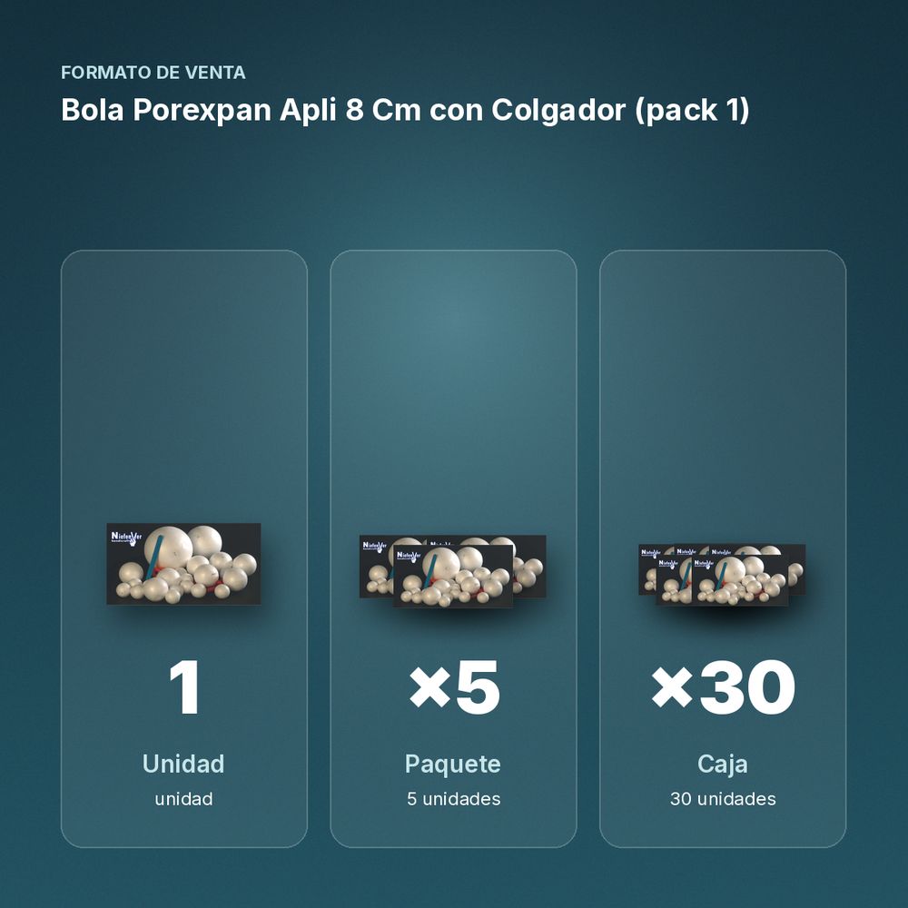 BOLA POREXPAN APLI 8 CM CON COLGADOR (PACK 1) - formato de venta: paquete de 5, caja de 30, palé de 600