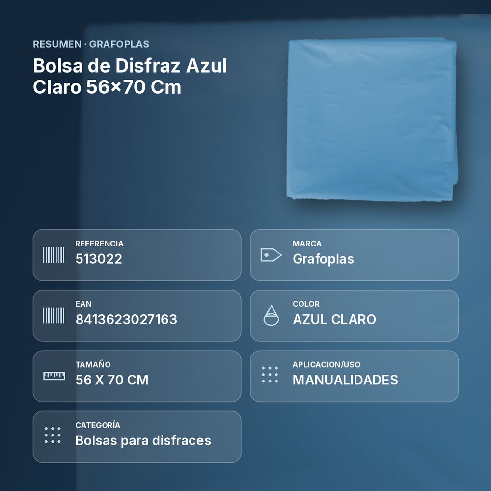 BOLSA DE DISFRAZ AZUL CLARO 56×70 CM  - resumen de atributos