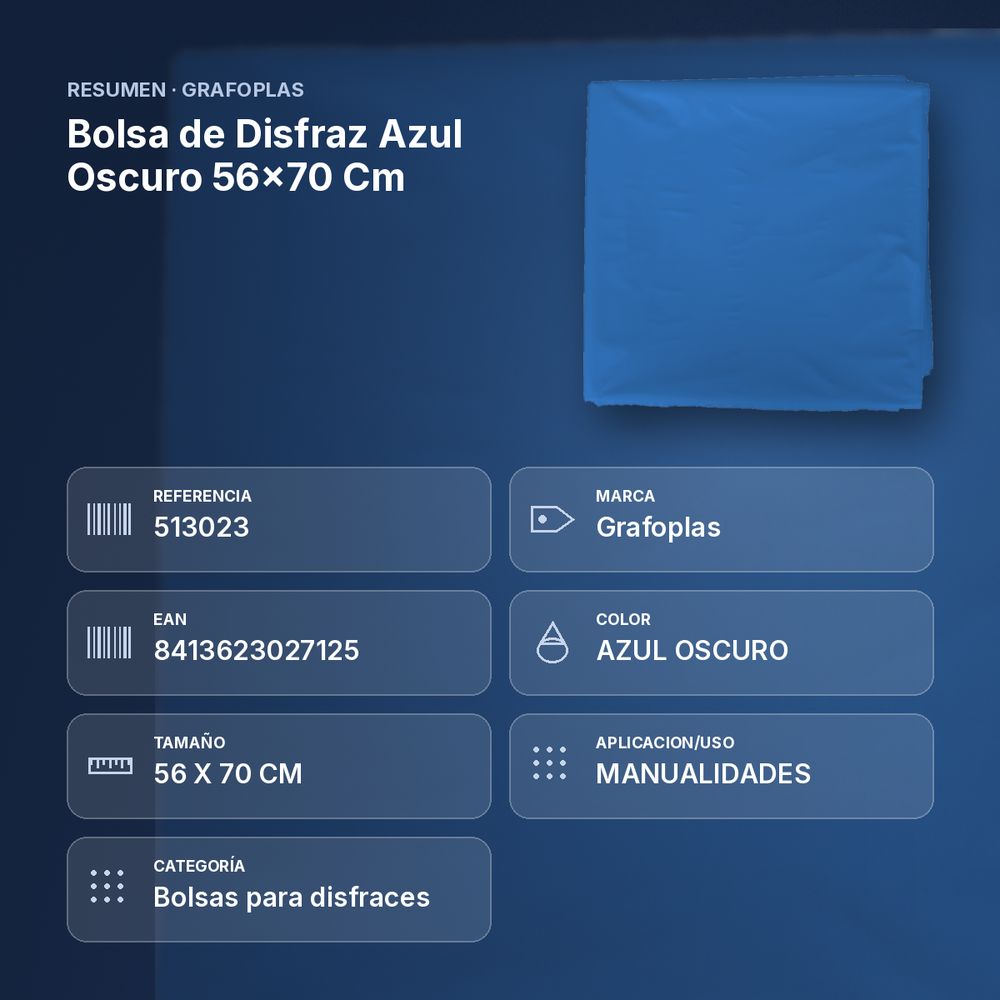 BOLSA DE DISFRAZ AZUL OSCURO 56×70 CM  - resumen de atributos