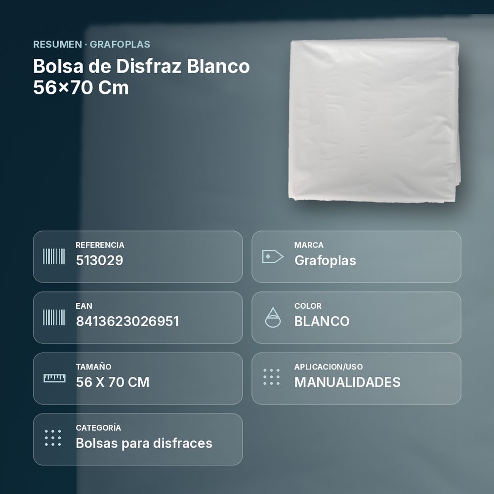 BOLSA DE DISFRAZ BLANCO 56×70 CM  - resumen de atributos
