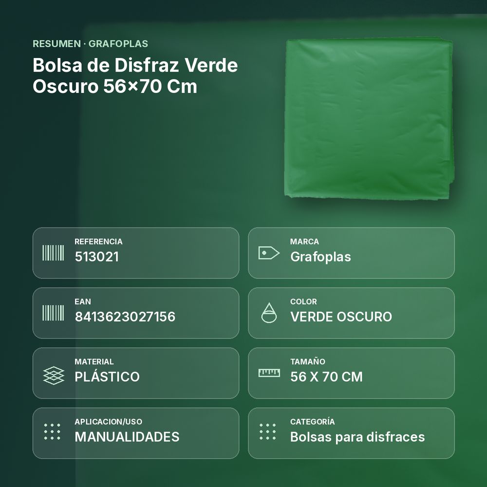 BOLSA DE DISFRAZ VERDE OSCURO 56×70 CM  - resumen de atributos