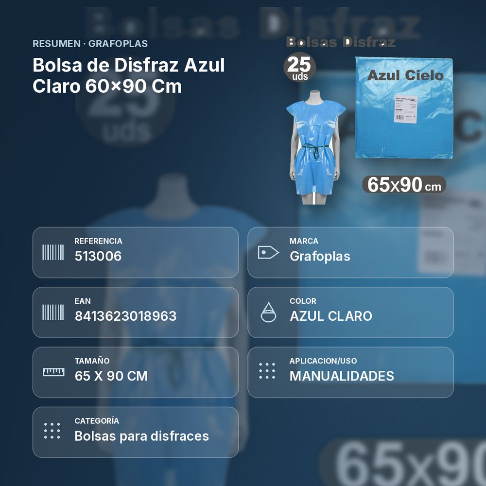 BOLSA DE DISFRAZ AZUL CLARO 60×90 CM - resumen de atributos