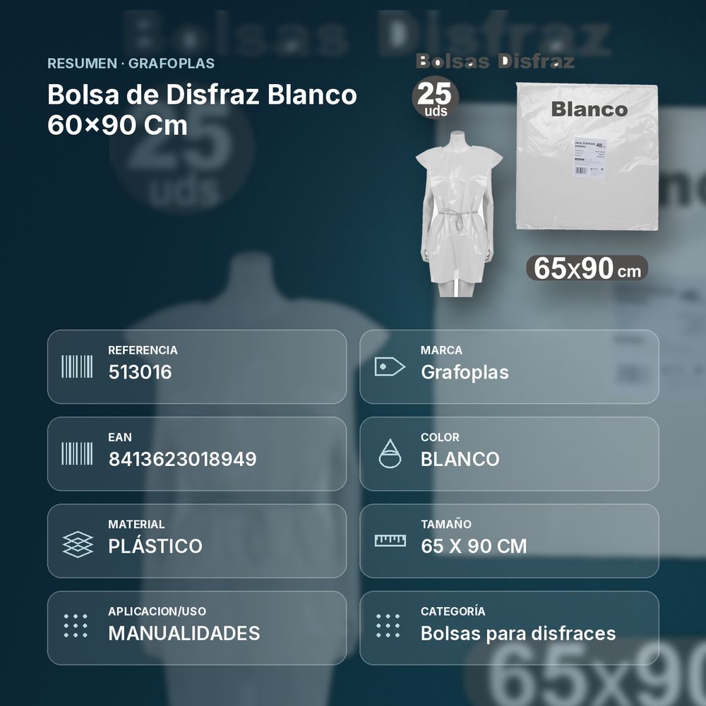 BOLSA DE DISFRAZ BLANCO 60×90 CM  - resumen de atributos