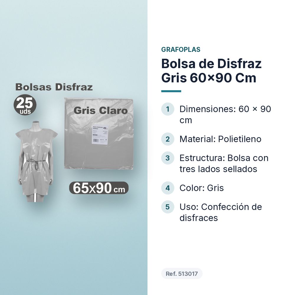 BOLSA DE DISFRAZ GRIS 60×90 CM - características principales