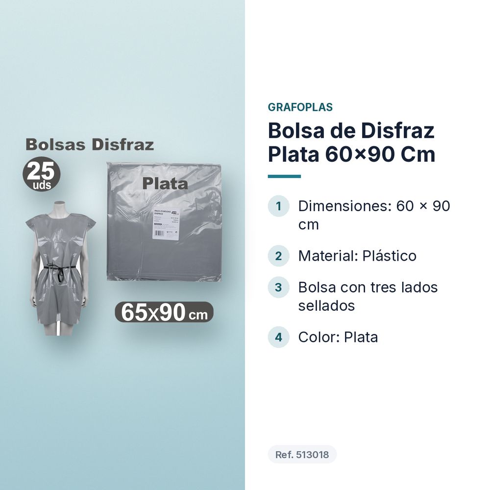 BOLSA DE DISFRAZ PLATA 60×90 CM - características principales