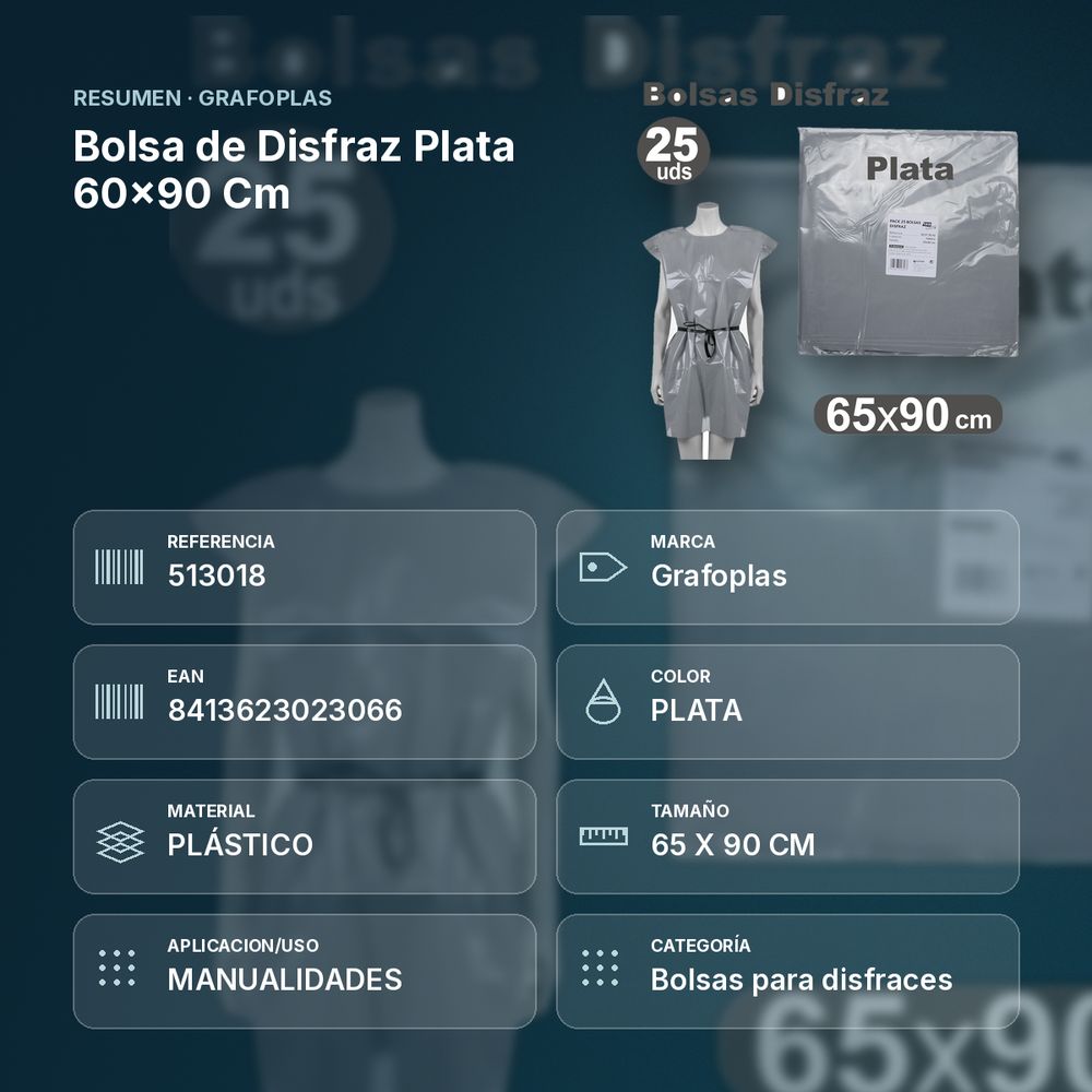 BOLSA DE DISFRAZ PLATA 60×90 CM - resumen de atributos